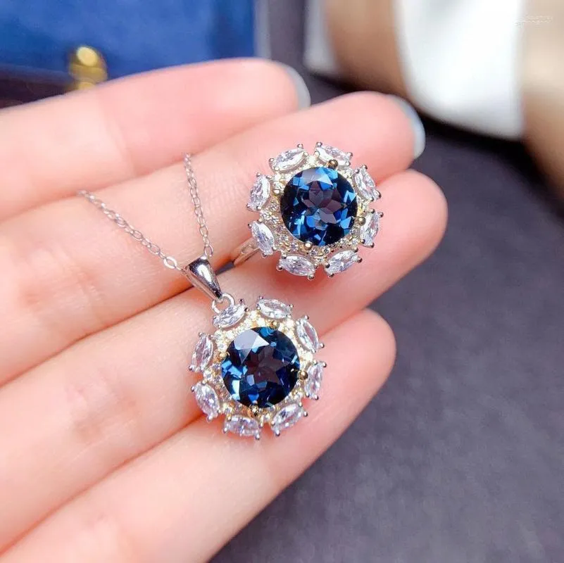 Necklace Earrings Set Bride Jewelry Blue Gem Stone Pendant Rings Engagement Wedding Ring Bridesmaid Xmas Gifts