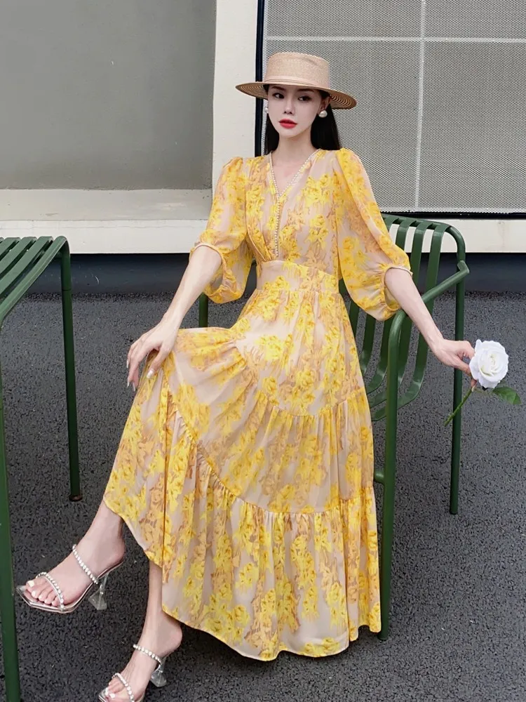 Elbise Tasarımcısı Moda Çiçek Baskı İlkbahar/Yaz 2023 Uzun Kollu Gevşek V Yaka Boncuklu Elbise Tek Renkli S-XL Günlük Elbise