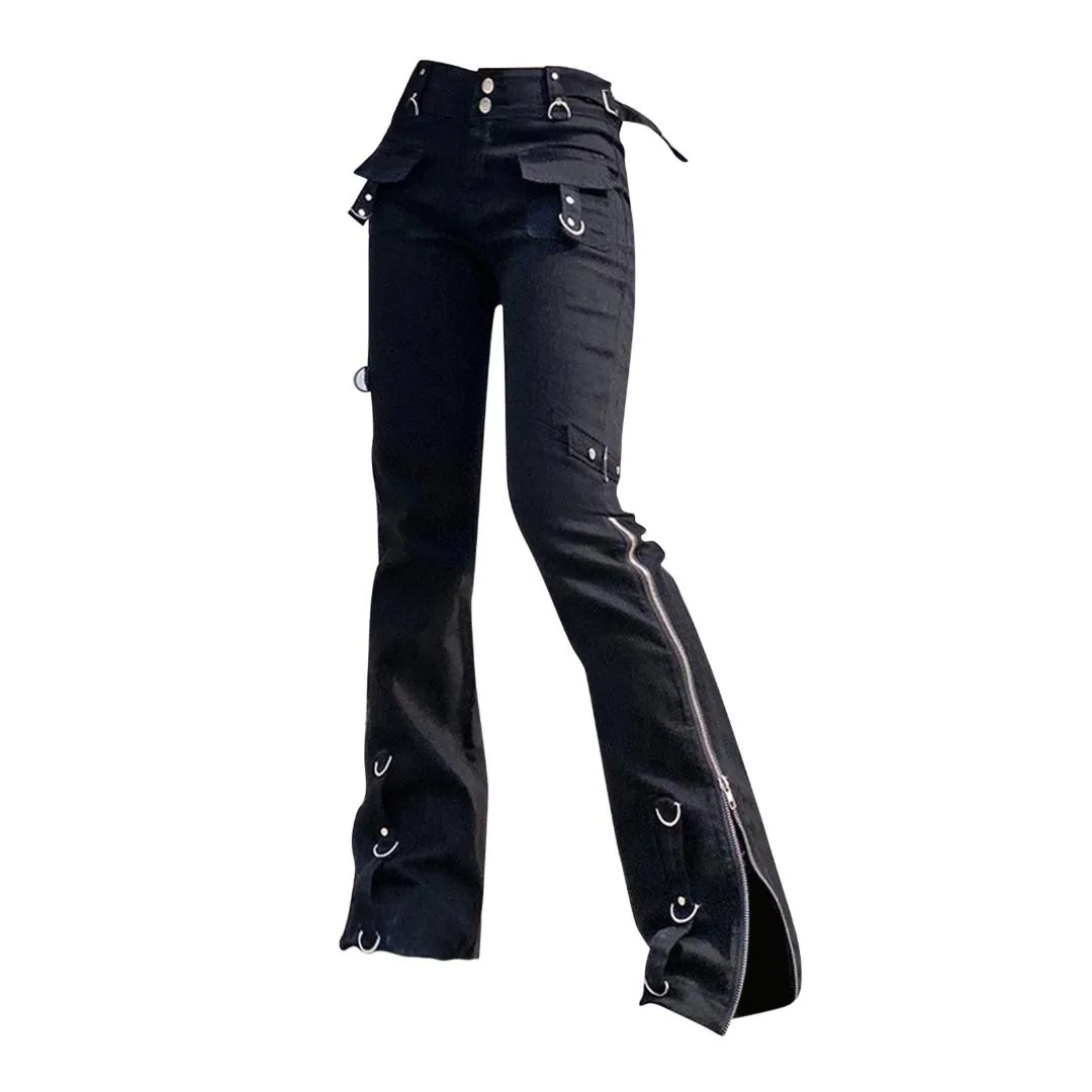 Frauen Jeans Ästhetische Dark Goth Hosen Vintage Streetwear Punk Gerade Casual Denim Feste Hosen Reißverschlüsse Seite Schlitz Hosen