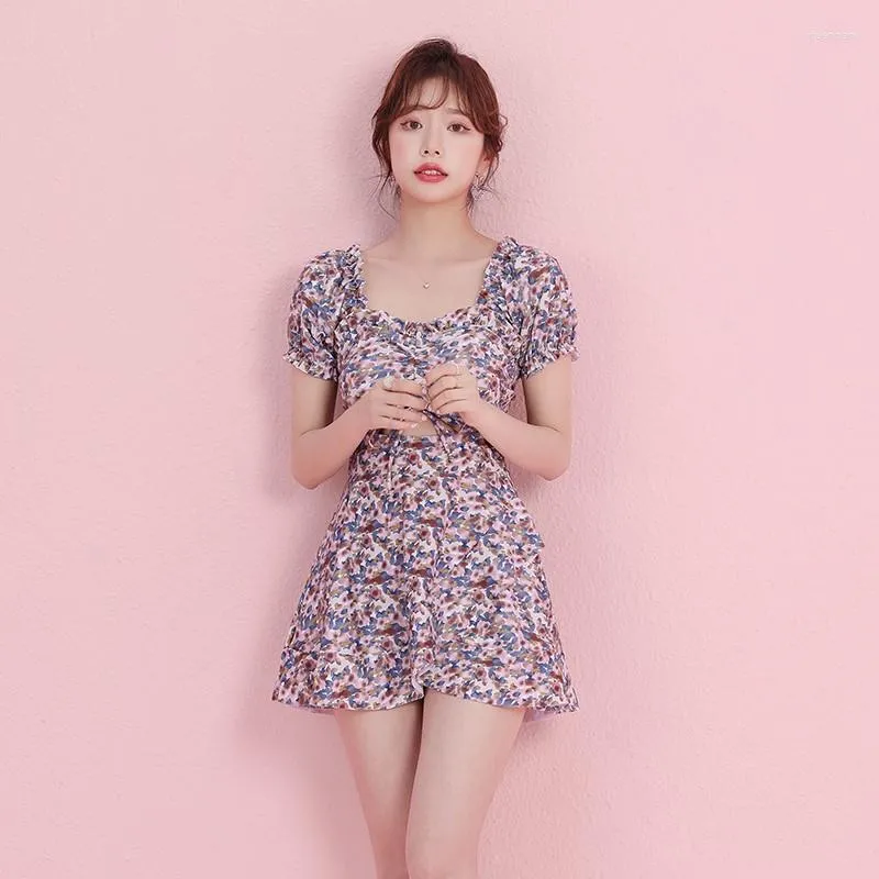 Women's Swimwear Floral Purple One-piece Swimsuit Ladies Square Collar Short Sleeve Summer Korean Conservative Drop