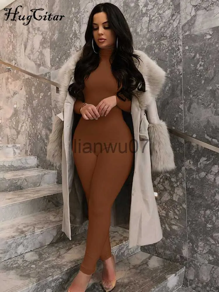 Kadın Tulumlar Tulum Uzun Kollu Katı Balıkçı Yaka Sıska Bodycon Tulum Sonbahar Kış Kadın Moda Streetwear Rahat Romper J230629