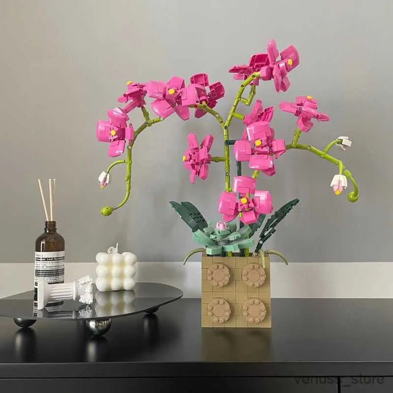 Bloki Flower Orchid Bukiet Bukiet Bukiet Model Plant Domowe Dekoracja Romantyczne Walentynki dla Girl Toy Prezent R230629