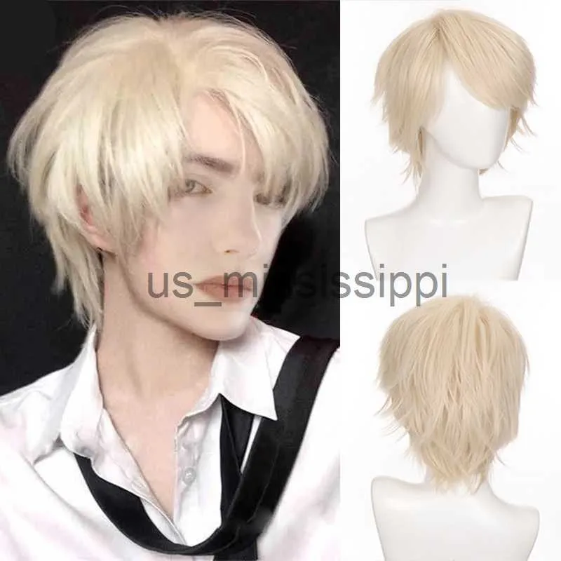 Ailiade Mode Mannen Korte Pruik Licht Geel Blond Synthetische Pruiken Met Pony Voor Mannelijke Vrouwen Jongen Cosplay Kostuum Anime Halloween x0901