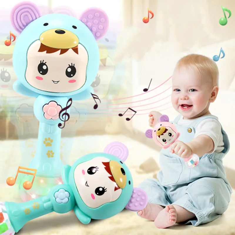 Noisemaker Toys Light Baby Vocal Rattles Mobiler förändras med Rhythm Led Glowing Hand Rattle Music Sand Hammer Soft Teether Baby Toys 230628