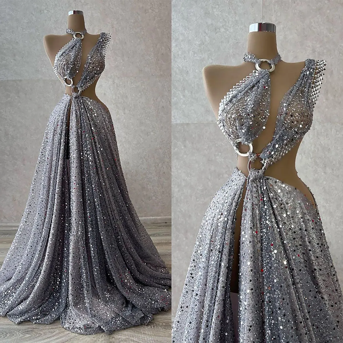 Superbes robes de bal sirène licou sans manches Art Design côtés en coupe paillettes dos nu plis robe de cour sur mesure grande taille robe de soirée robe De Noite