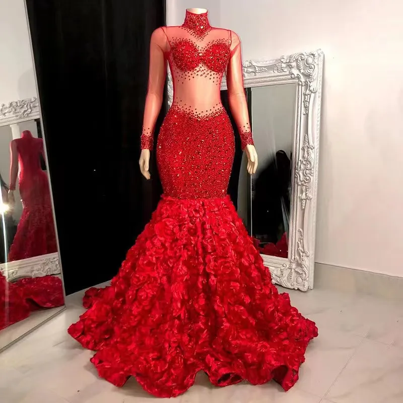 Sexy Red Red Sukienki na studniowe cekiny Diamentowe cekinowe Suknie wieczorowe Suknie wieczorowe Formalne imprezowe szatę de Mariee długie rękawy plus wielkości formalne suknie wieczorowe samice koktajl de szat