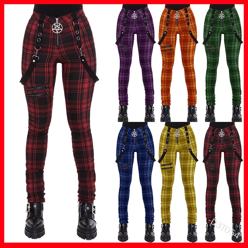 2021 Fashion Gothic Plaid Strap Pants For Women High Waist Punk Zipper Design Casual Tight Long Pants Hip Hop Streetwear