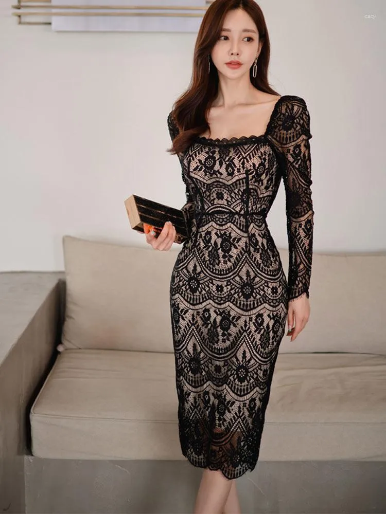 Elegant Lace Pencil Dress - Womens Korean Style Bodycon