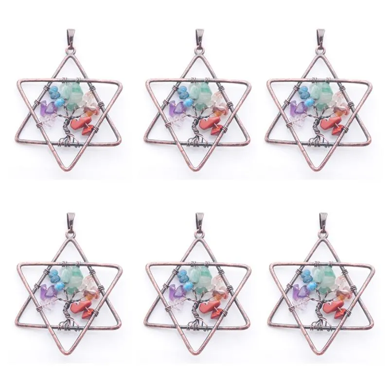 Pendentif Colliers 6Pcs / Lot 7 Chakra Reiki Arbre De Vie Pendentifs Femmes Homme Bijoux Puces Naturelles Pierre Gemme Étoile À Cinq Branches Métal Cuivre IN3