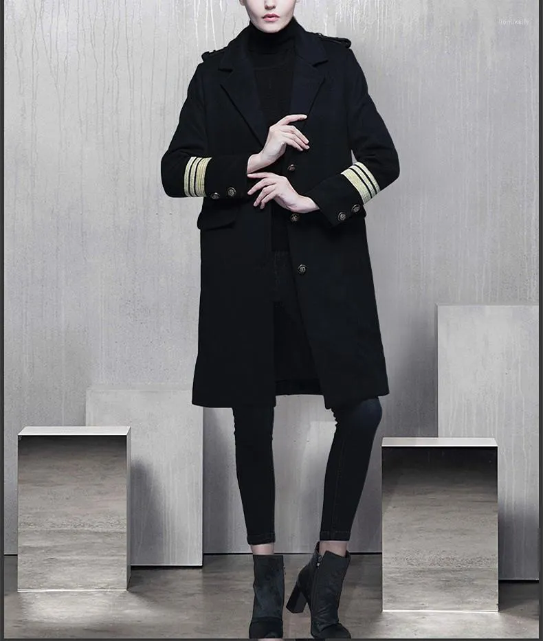 여성용 트렌치 코트 밀리터리 여성용 모직 코트 블랙 Boyfirend Style Epaulet Long Ladies Overcoats Wide-waisted