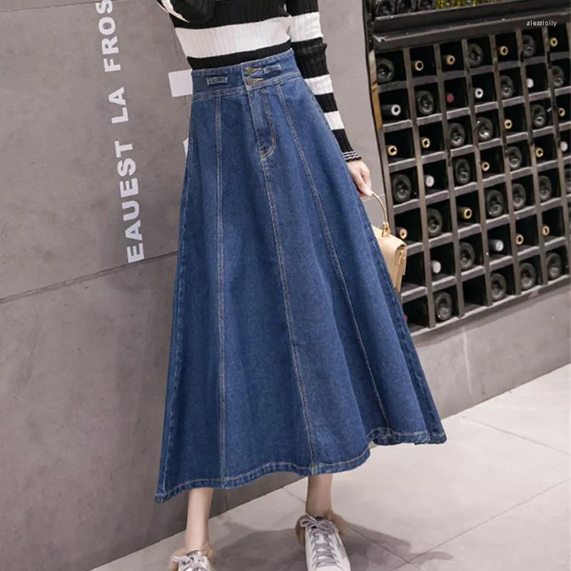 スカートrimiguyue spring denim skirt women maxi large swing umbrella long tachable strapファッションミディジーンズJupe K084