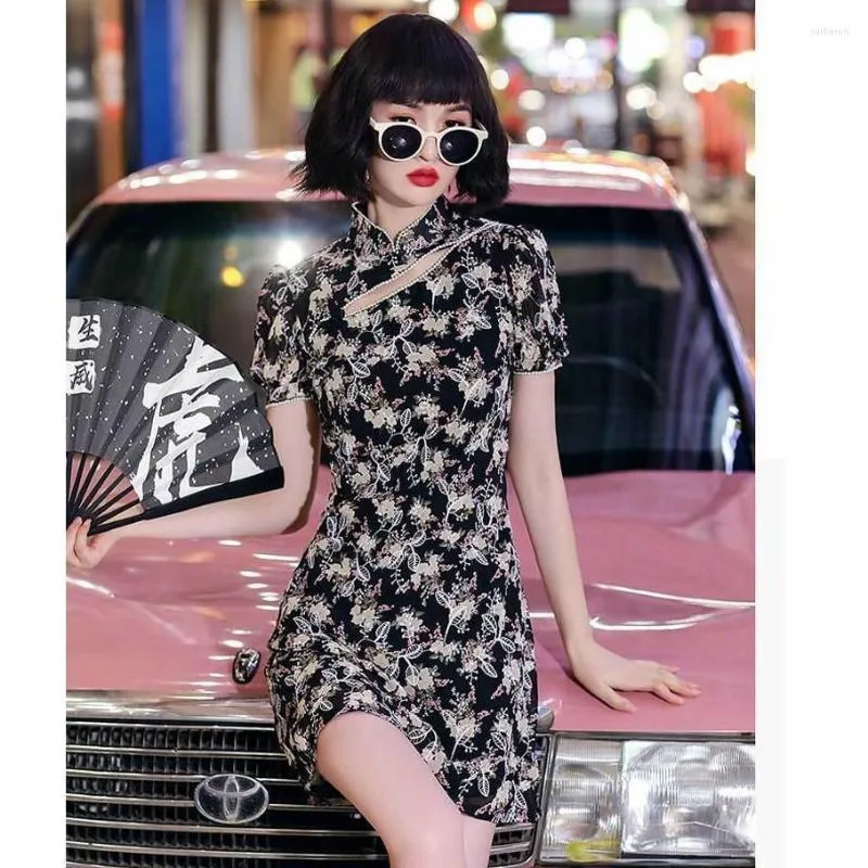 Roupas Étnicas Vintage Feminino Cheongsam Estilo Chinês Jovens Meninas Estampadas Flor Qipao Vestidos Verão Mini Qi Pao Elegante Vestido De Festa Noturna