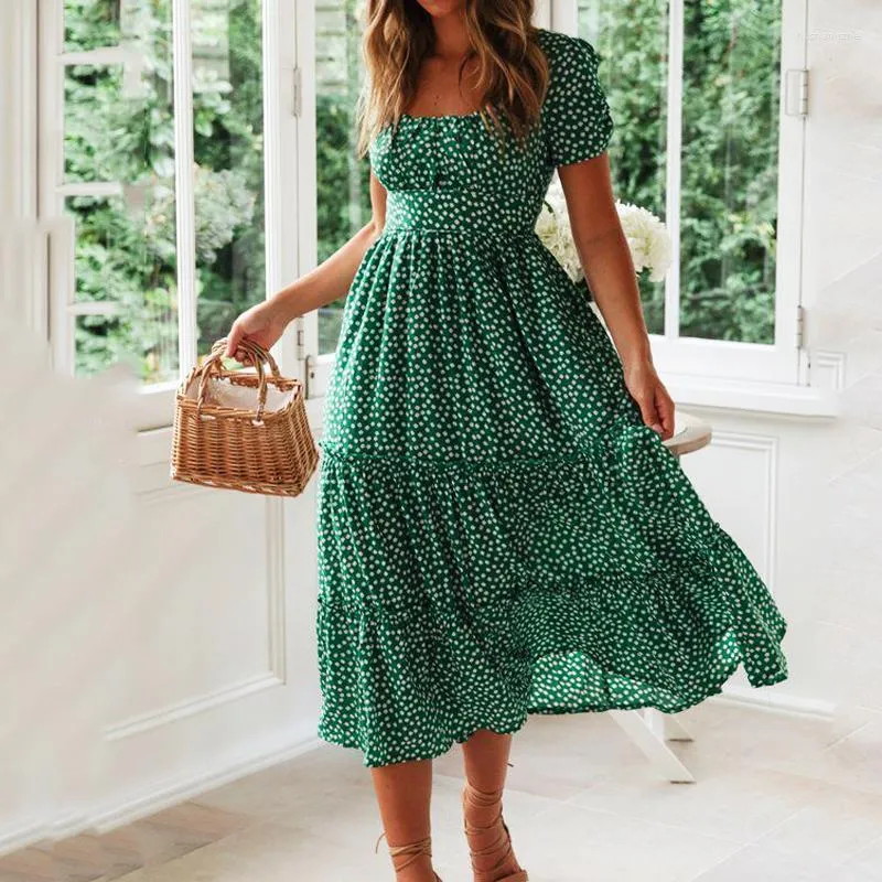Casual Dresses Boho Vestidos Vintage Print Puff Sleeve Summer Beach Sweet Elegant Square Collar Floral Maxi Long Dress 2023