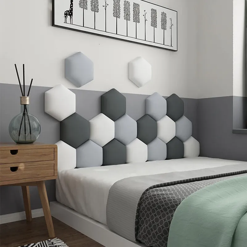 Huvudgavel flerfärgad hexagonal headboard säng mjuk väska set 3d vägg klistermärke tatami säng headboards väggdekor estetisk hem dekoration konst 230628