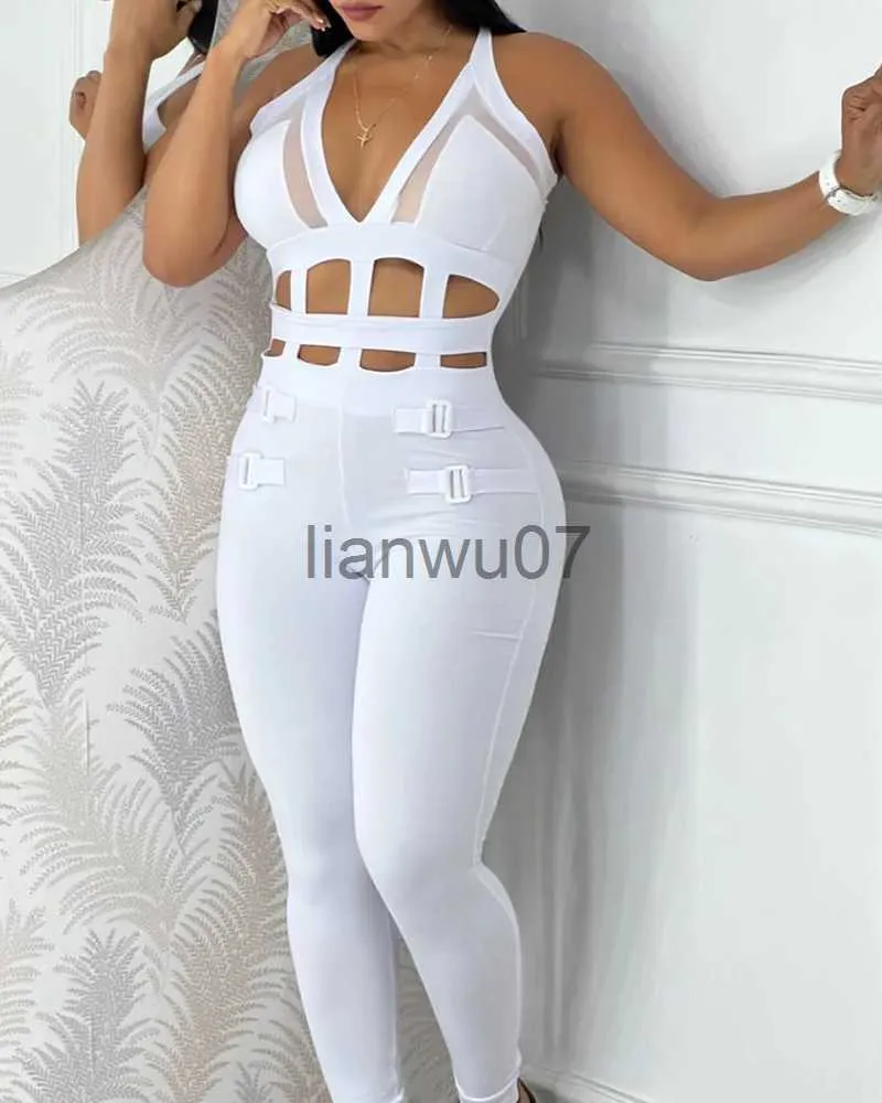 Kvinnors jumpsuits Rompers 2023 Summer Women Hollow Out Halter Buckled Contrast Mesh Jumpsuit Sexig Slim Fit Sleeveless White One Piece Jumpsuit Kvinnlig ROP J230629