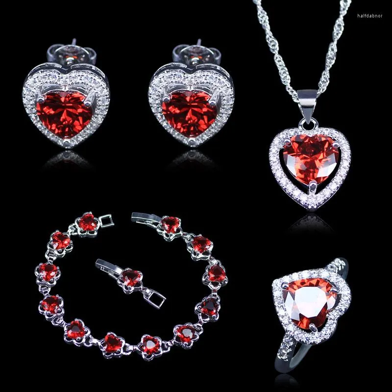 Necklace Earrings Set Arrival Heart Red Created Garnet White Zircon Silver Color For Women Bracelets Pendant Rings