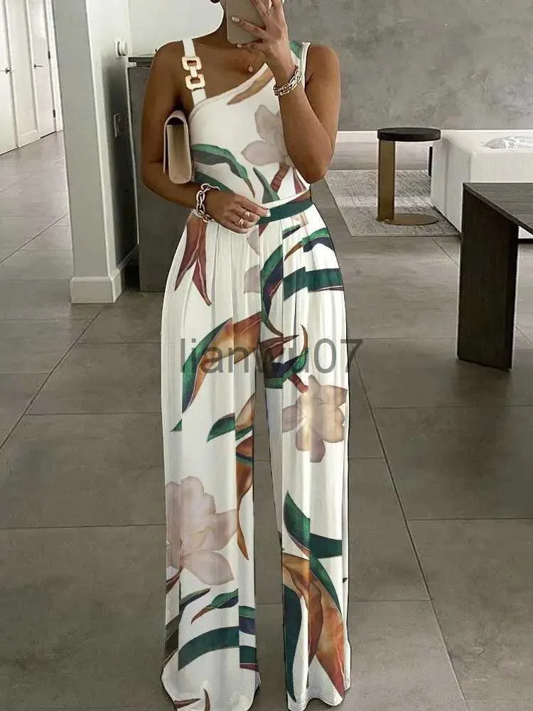 Womens Jumpsuits Rompers Floral Print Jumpsuit Summer Chic Women Straight Party Overalls Y2k Club Romper Elegant Off Shoulder Sleeveless Party Jumpsui J230629