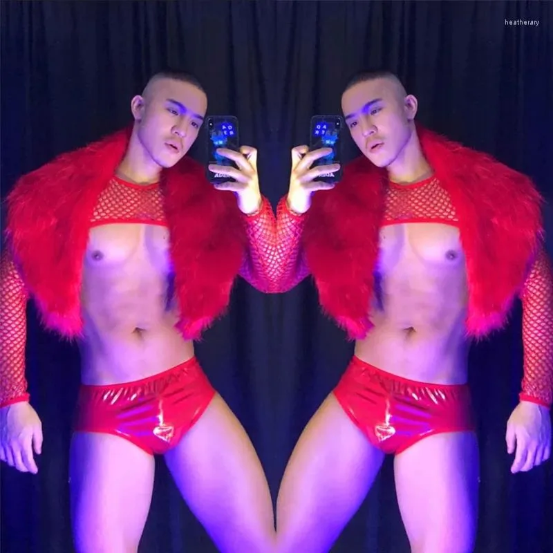 Scene Wear Bar Party Festival Rave Gogo Costume Muscle Manlig Kvinnlig klubb nattklubb Show Performance Clothes Red Fur Short