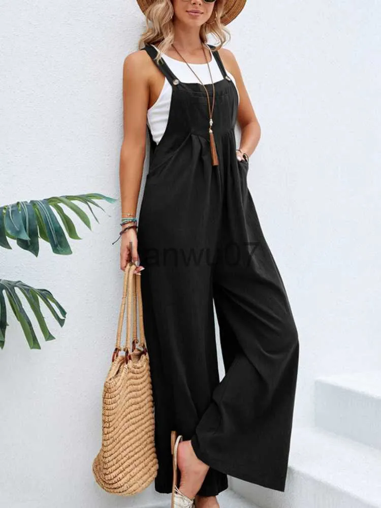 Kvinnors jumpsuits rompers kvinnor sommar svart bred ben jumpsuit elegant söt kvinnlig övergripande byxor vintage linne lösa avslappnade romperbyxor 2023 j230629