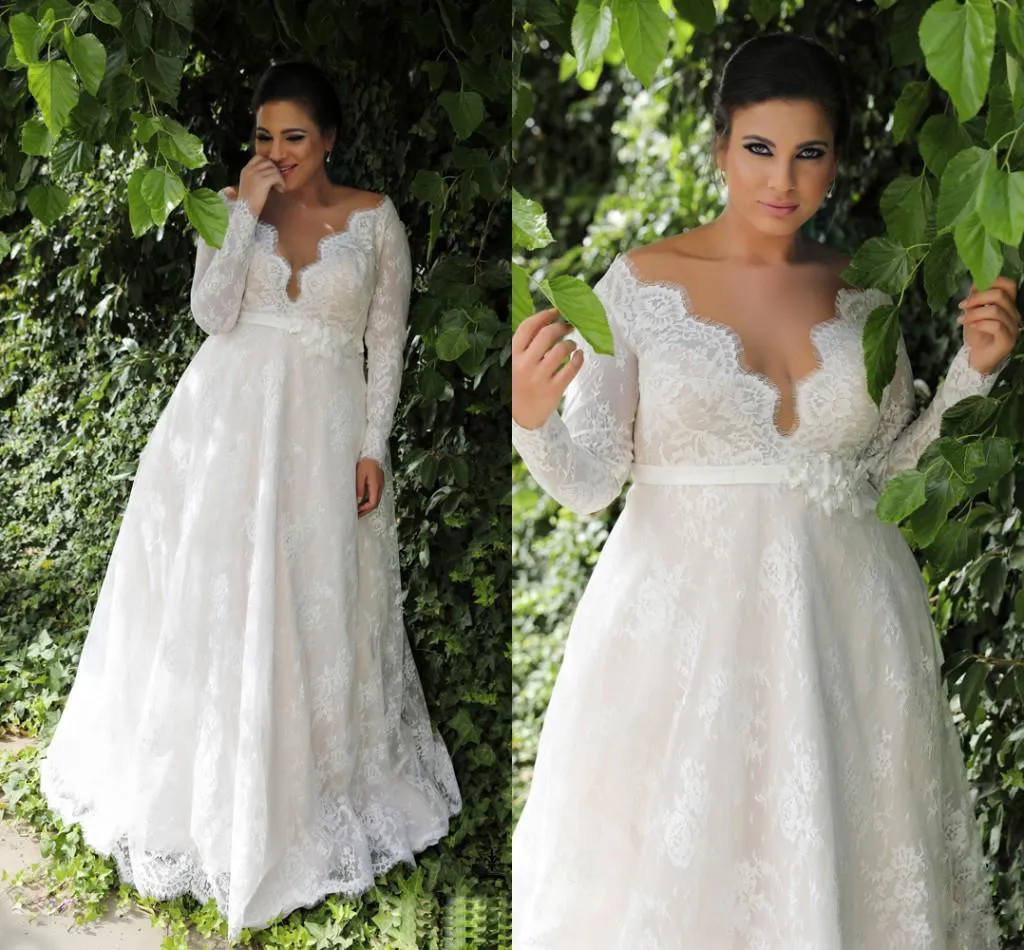 2023 jardin a-ligne taille Empire dentelle robe de mariée grande taille avec manches longues Sexy longue robe de mariée pour mariage grande taille