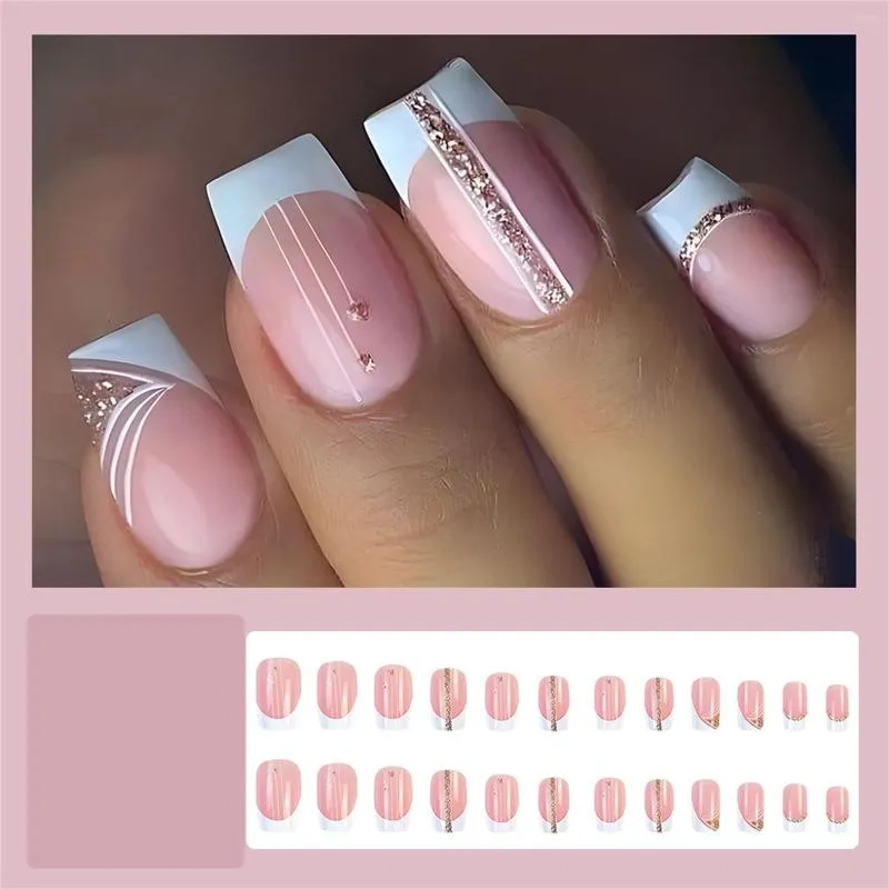 Kunstnagels 24-delige Franse tip Pers op vierkant Medium witte nagel met glitterontwerpen Roze volledige dekking