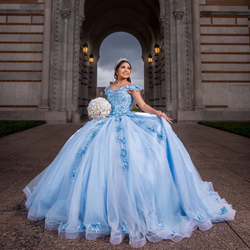 Vestido de quinceañera azul cielo con hombros descubiertos sin mangas para 15 niñas Vestido de baile con apliques de cuentas 3DFlower Formal Prom Vestido