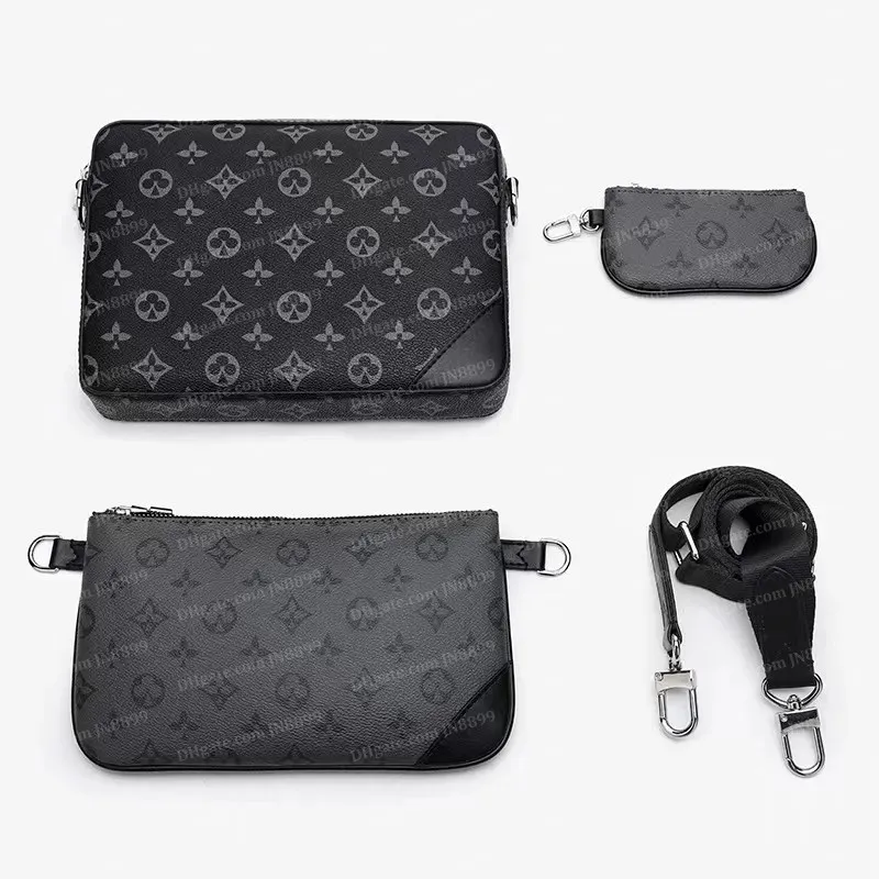 Designer Trio Leather Black Flowers Set: Mens Messenger