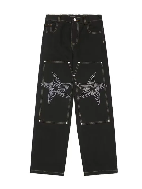 男性Sジーンズ最新デザインスター刺繍ストレートルーズフィットボーイフレンドパンツY2Kファッションミッドライズバギー230629