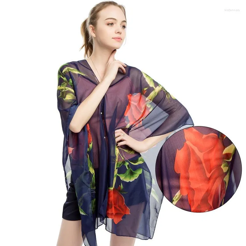 Szaliki szal Ochrony przeciwsłoneczne Kobiety szyfonowy nadruk kwiat peleryny na pelerynę letnią plażę styl ukradka ubranie lady pathmina