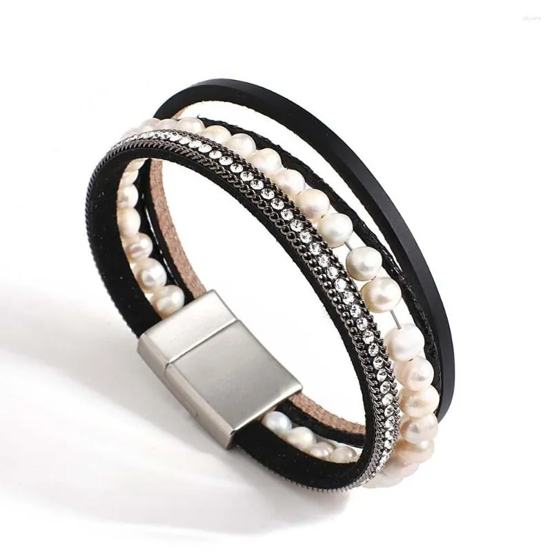 Bracelets porte-bonheur Amorcome perles d'eau douce faites à la main pour femmes strass en cuir véritable Wrap bijoux de mode de mariage