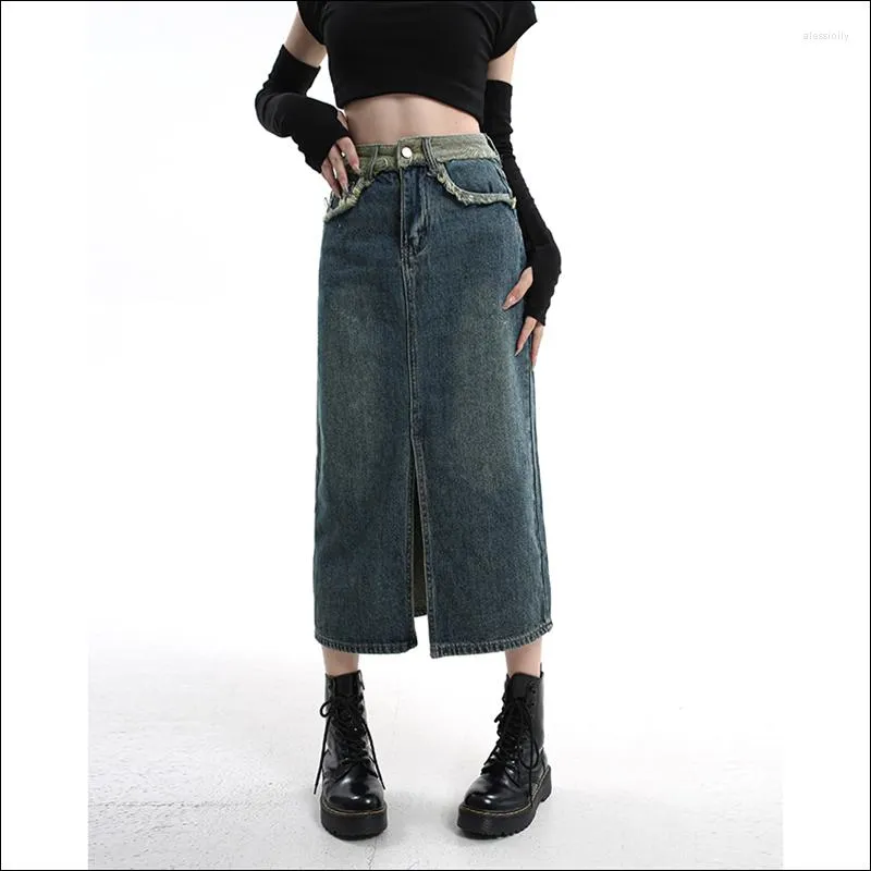 Юбки Seoul Summer Women's Denim Wrap 2023 Vintage Front Split High Wasit Jeans Женские прямые карандаши