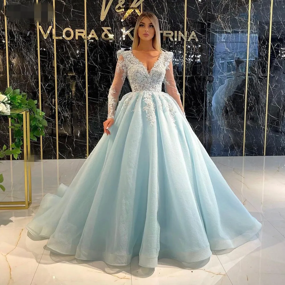 a line light sky blue Exquisite Dubai Long Sleeve Evening Dresses V-Neck Lace Beaded applique Plus Size Formal Prom Dress Pageant Ball Gown