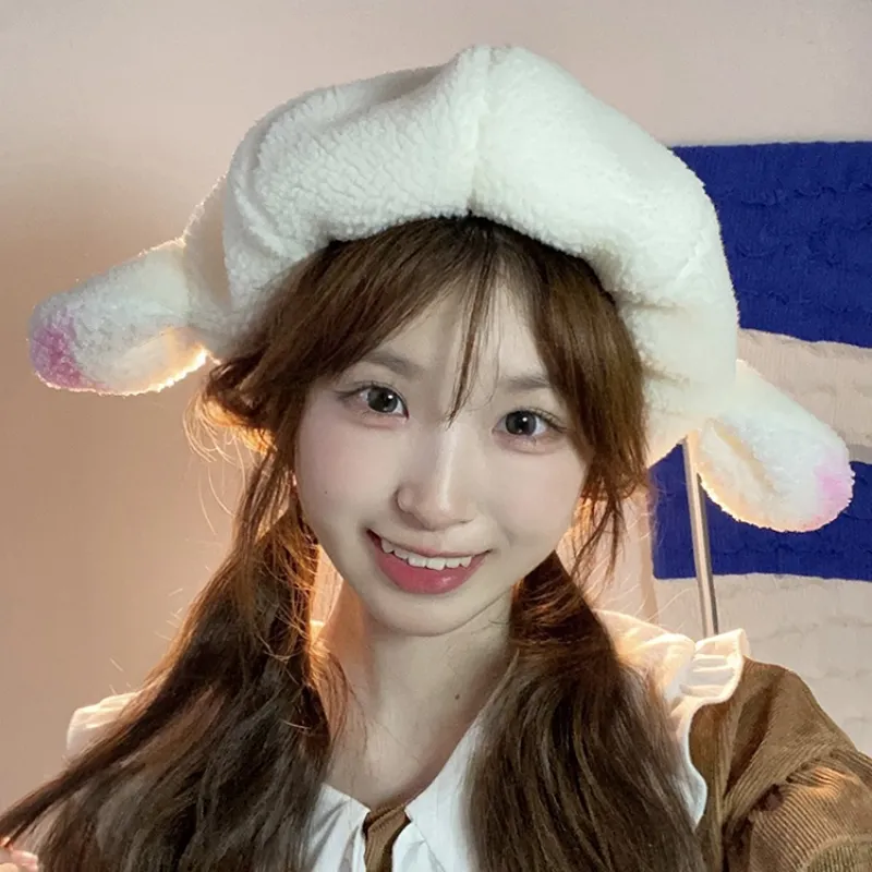 Béret Kawaii japonais Y2K doux et mignon automne et hiver Faux cheveux d'agneau maintien au chaud bonnet de peintre oreille de mouton bérets pour femmes