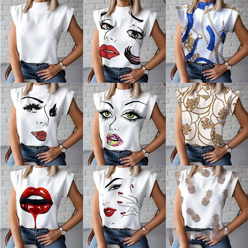 Blusas Femininas OMILKA Lábios Vermelhos Estampados Camisa Elegante 2023 Verão Feminino Pulôver Decote Em Pé Blusa Básica Tops Bonito Olhos Manga Curta