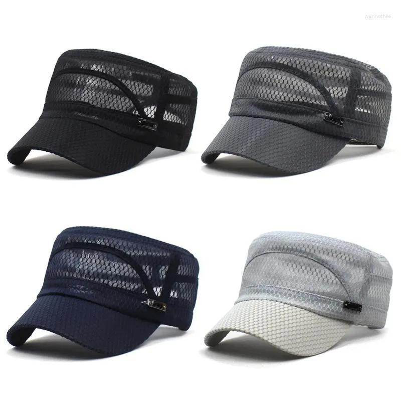 Bérets Summer Men's Mesh Caps militaires plats Top Snapback Casqueur de baseball ajusté Cadet Army Army Breathable Trucker