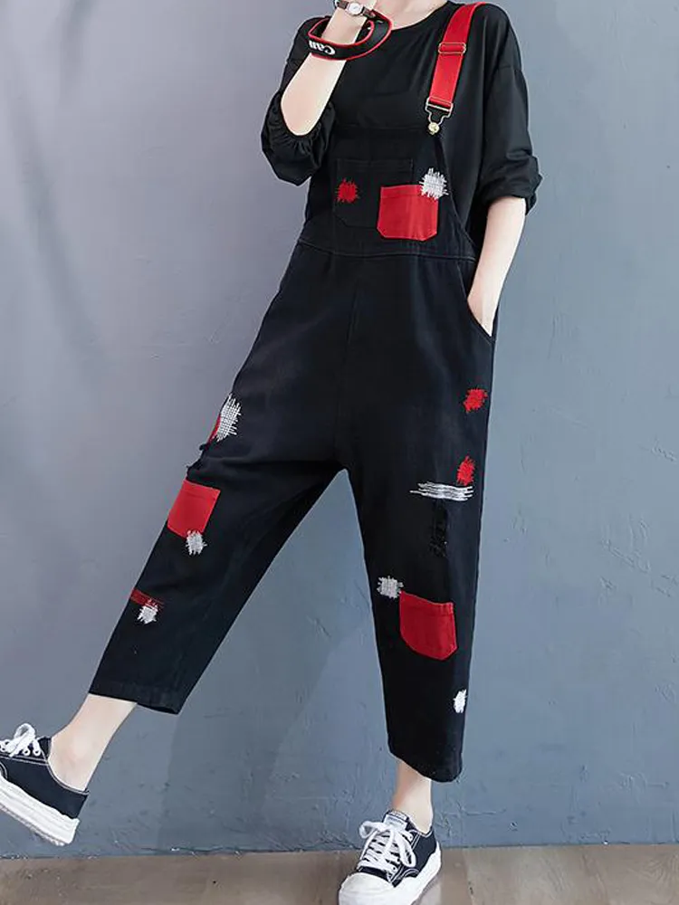 2023 New Woman Spring Contrasting Patch Pocket Embroidery Ripped Holes One Piece Pants Washed Jeans Streetwear Overalls