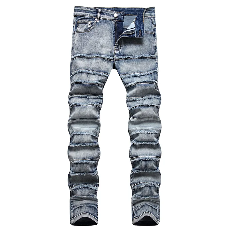 Jeans strappati da uomo High Street Pantaloni alla moda con cuciture slim fit autunnali Pantaloni in denim di cotone Rock Explosion