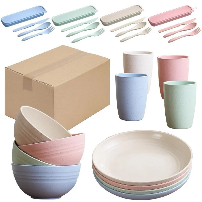 Dinnerware Sets 28pcs/Set Wheat Straw Nature Material Tableware Household Tray Anti-drop Bowls Plate Forks Cups Spoons Chopsticks Kit Dinner
