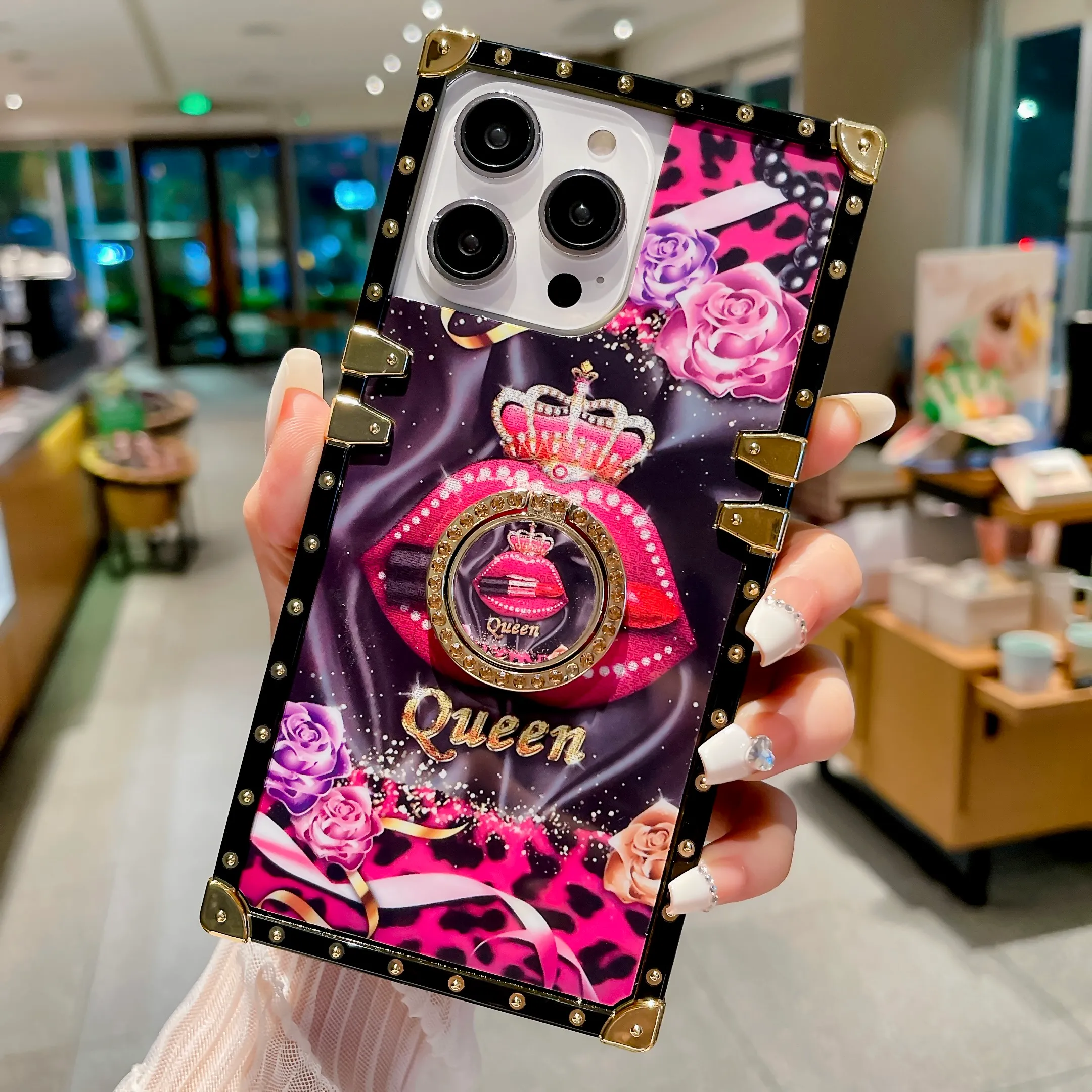 Luxury Skull Lips Queen Diamond Ring Holder Custodia quadrata iPhone 14 13 12 11Pro Max XR XS 6S 7 8Plus SE2 Cover colorata rosa