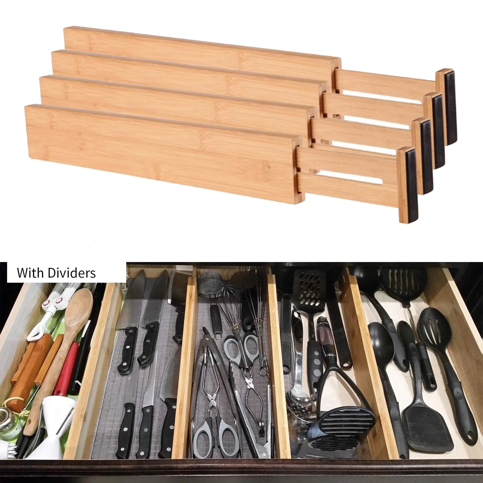 Storage Boxes Bins 4Pcs Kitchen Drawer Dividers 12.79" 16.73" Adjustable Bamboo Organizers Spring Loaded for Dresser 230628