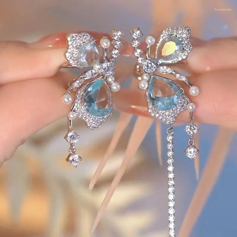 Boucles D'Oreilles Bleu Cristal Papillon Boucle D'oreille Pour Les Femmes Mode Bowknot Imitation Perle Gland Chaîne Strass Oreille Clip Bijoux Cadeau