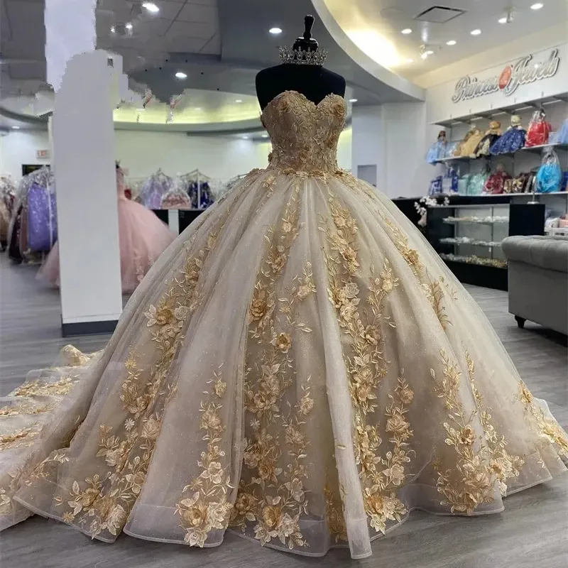 Champagner Schatz Ballkleid Quinceanera Kleid Für Mädchen Perlen Party Kleid Applikationen 3DFlower Prom Kleider Vestido De 15 Jahre