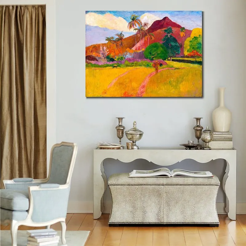 High Quality Canvas Art Reproduction of Paul Gauguin Mountains in Tahiti Figure Painting Home Office Decor