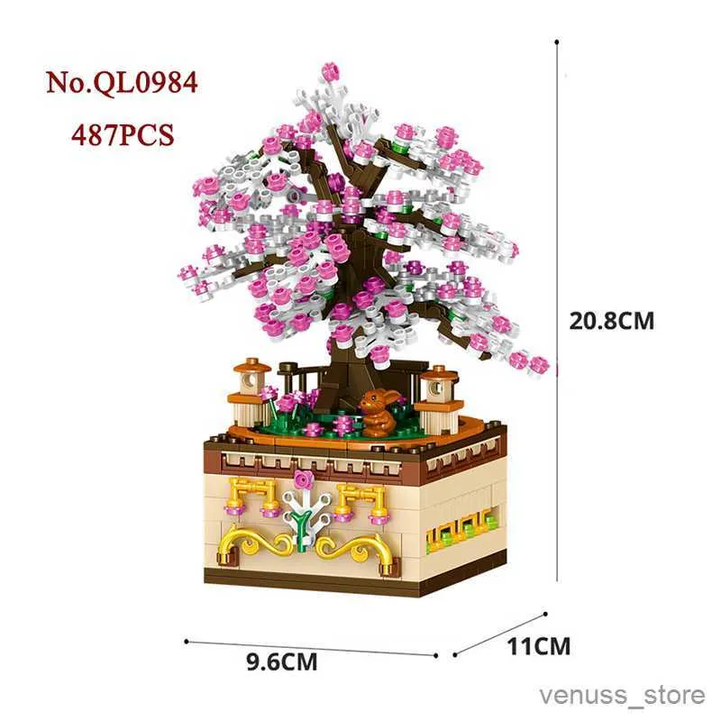 Blocks 487pcs Pink Romantic Cherry Tree Rotating Music Assembled Mini Building Blocks Children's Toys Girl Birthday Gift R230629