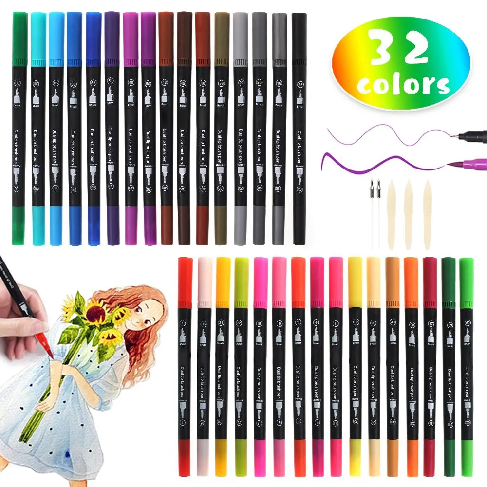 Markers 32 Colors Dual Tip Graffiti Markers DIY Photo Album Painting Pen Drawing Lettering Art Supplies