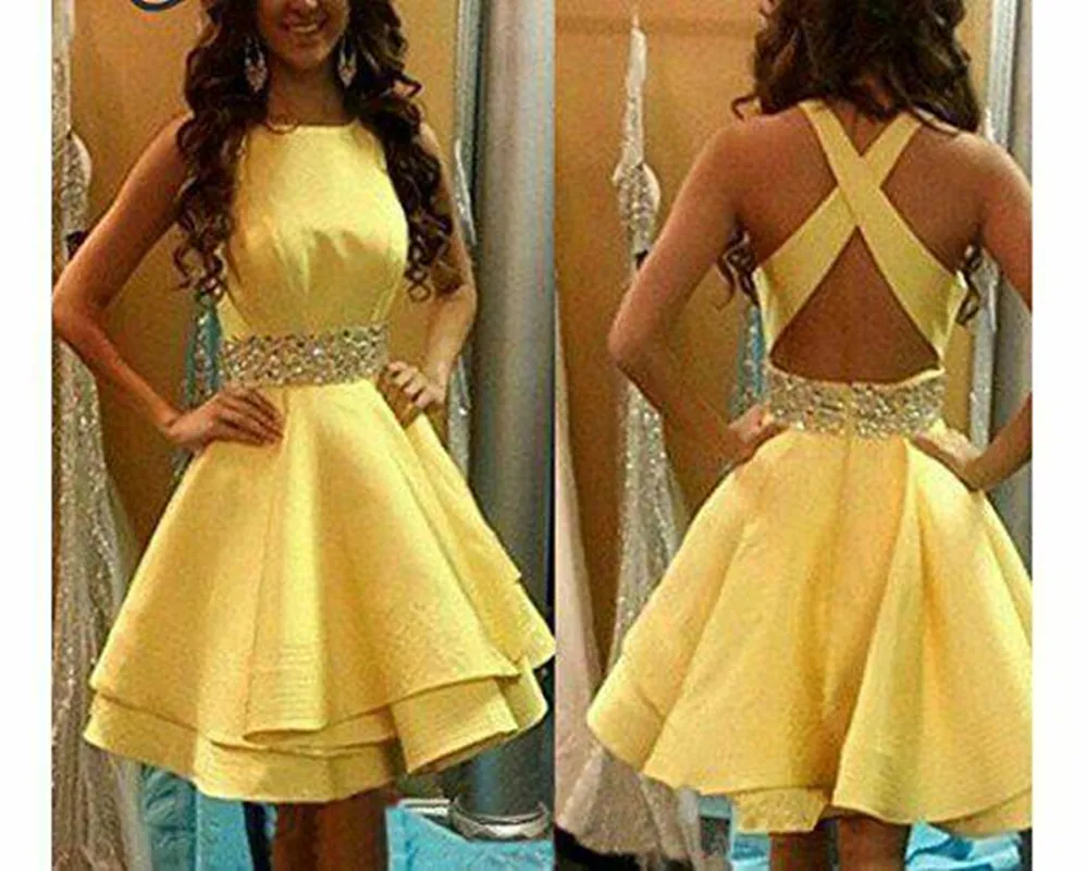 Vestidos curtos de cetim amarelo com contas e bolsos sexy nas costas, na altura do joelho, vestidos de formatura de aniversário para jovens