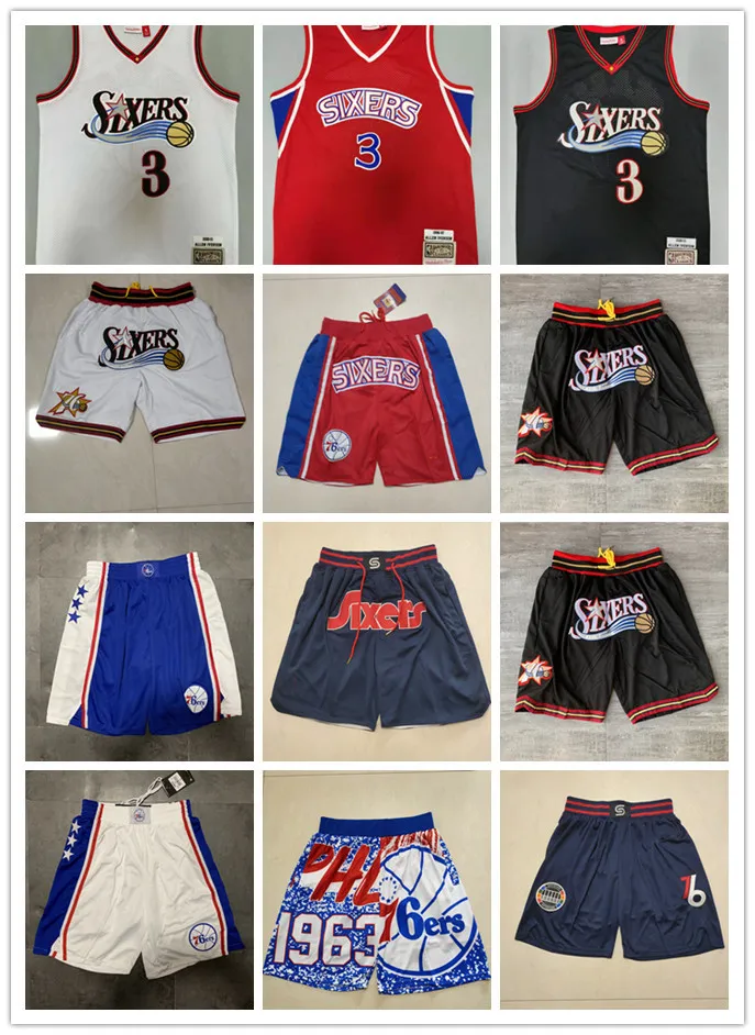 Männer Throwback Basketball Shorts Tasche Allen 3 Iverson Joel Basketball Trikots Blau Rot Weiß Schwarz