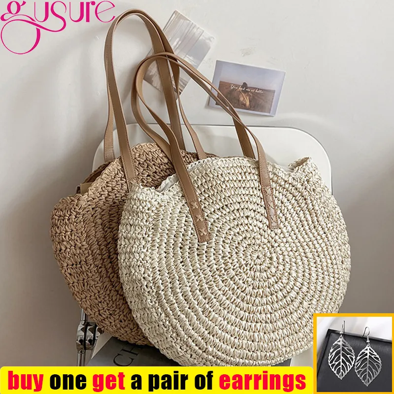 Kvällspåsar Gusure Summer Round Straw Rattan Bag Casual Handmade Woven Beach Female Large Capacity Shoulder Travel Handväska SAC 230628