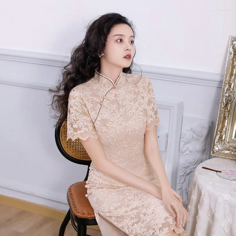 Vêtements ethniques 2023 été femmes mode dentelle Cheongsam jaune rose robe longue Qipao Style chinois mariage mariée avec doublure