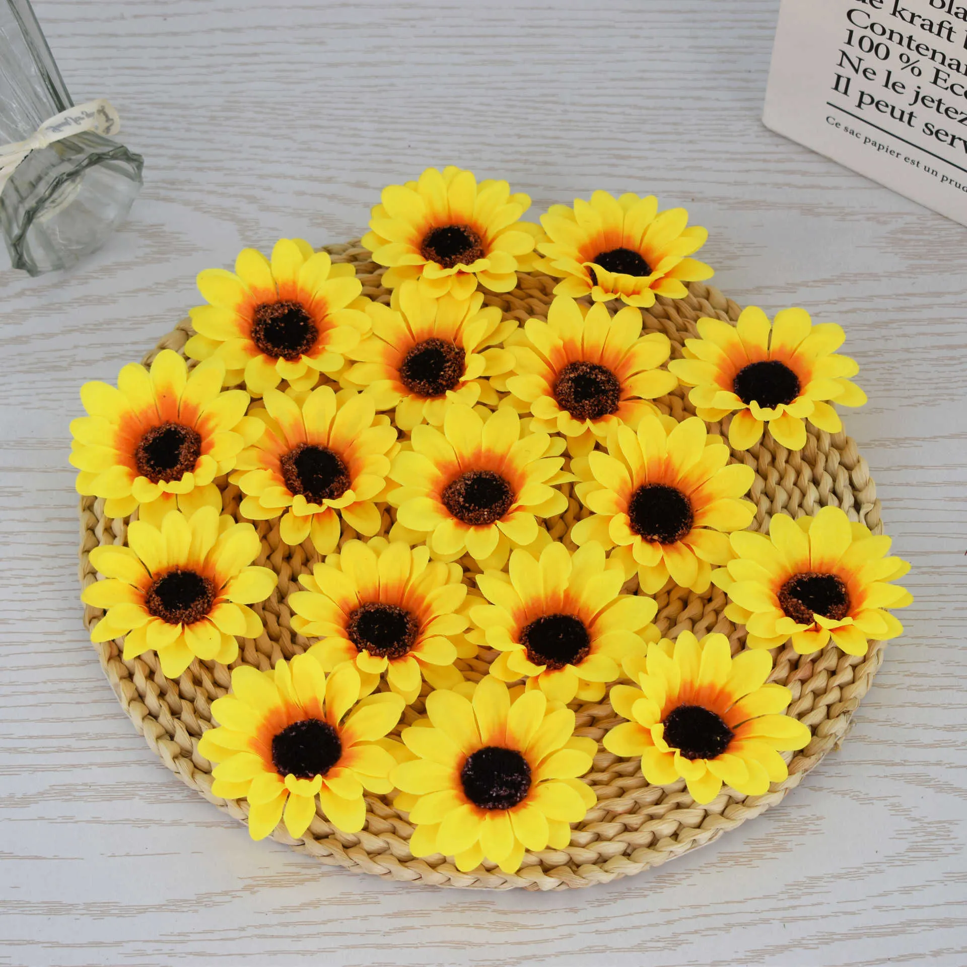 Fleurs séchées 10 pièces 8 cm grande tête de fleur artificielle de tournesol en soie pour la décoration de boîte de mariage accessoires faits à la main fausses fleurs